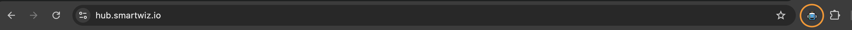 SmartWiz extension in browser toolbar showing hub.smartwiz.io with orange SmartWiz icon